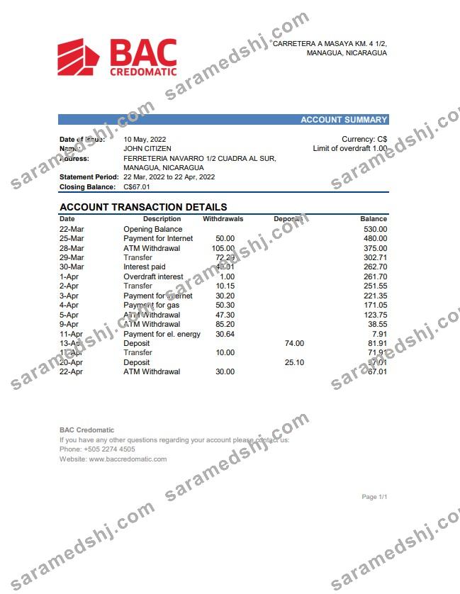 Nicaragua BAC Credomatic bank statement